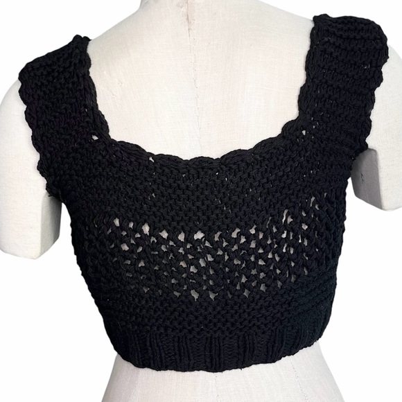 Womens Crochet Crop Top Size M Button Up Chunky Open Knit Black Boho Festival - Picture 3 of 6